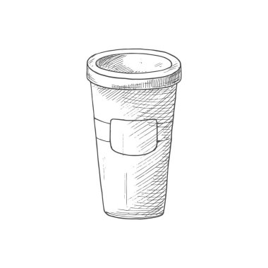 Plastic glass with lid isolated monochrome sketch. Vector disposable tea or coffee cup with cover