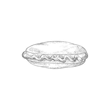 Fastfood snack isolated hand drawn hotdog sketch. Vector takeaway food, bun with sausage and sauce