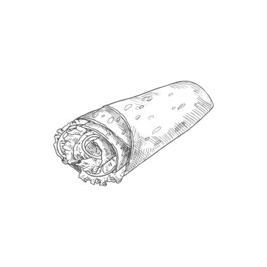 Burrito or tortilla roll with meat and veggies isolated sketch. Vector shawarma or kebab fast food snack