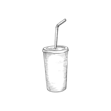 Cola soda, milkshake cup with lid and straw isolated sketch. sketch. Vector soda or cola, milkshake