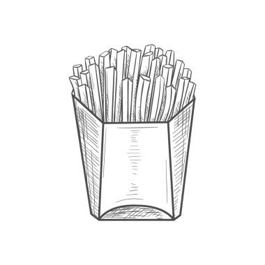 Paper box with hand drawn french fries isolated sketch. Vector fastfood snack, cut into stripes potato