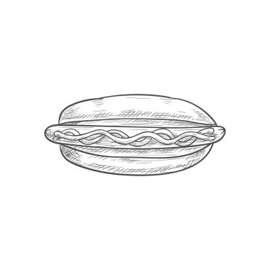 Fastfood snack isolated hand drawn hotdog sketch. Vector takeaway food, bun with sausage and sauce