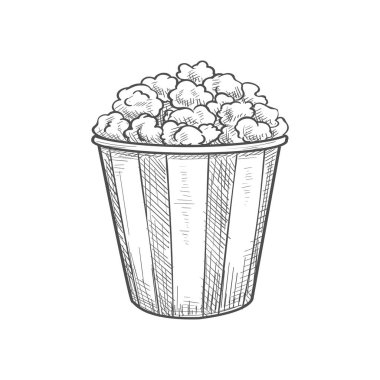Popcorn in striped bucket isolated movie food. Vector fastfood snack, salted or salted corn seeds