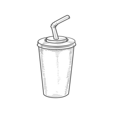 Cola soda, milkshake cup with lid and straw isolated sketch. sketch. Vector soda or cola, milkshake