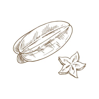 Starfruit isolated carambola, star shape slice. rexotic tropical food carambola whole and cut