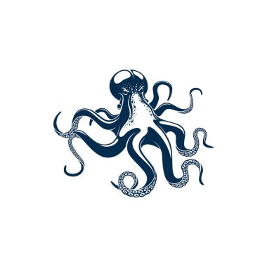 Octopus soft-bodied, eight-limbed mollusc isolated monochrome icon. Vector Octopoda marine animal with tentacles and suckers, fishing sport trophy mascot. Seafood emblem sign, aquatic character