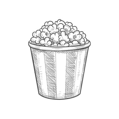 Popcorn in striped bucket isolated movie food. Vector fastfood snack, salted or salted corn seeds