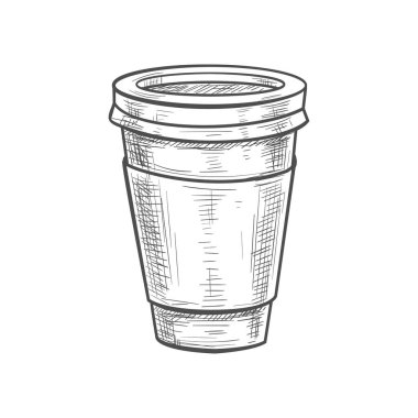Coffee cup with lid isolated takeaway drink sketch. Brown Vector disposable tea or cocoa glass with cover