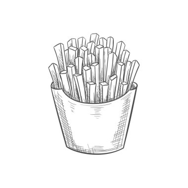 Fried potatoes box isolated, takeaway french fries. Vector fried potato strips in paper box, takeaway food