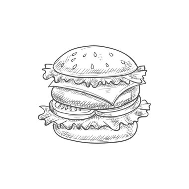 Burger takeaway food isolated cheeseburger sketch. Vector street food, bun with beef and vegetables