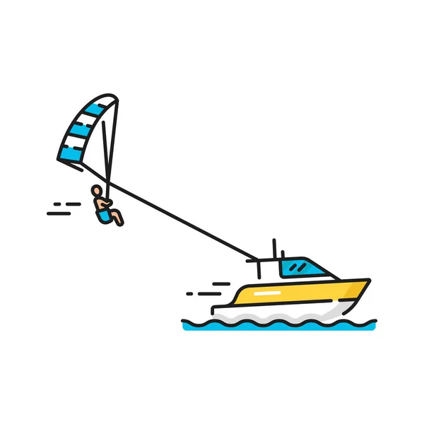 Parasailing, parascending, parakating water sport isolated color line icon. Vector person towed behind boat on parachute flying over sea or ocean waves. Parascending recreational kiting activity