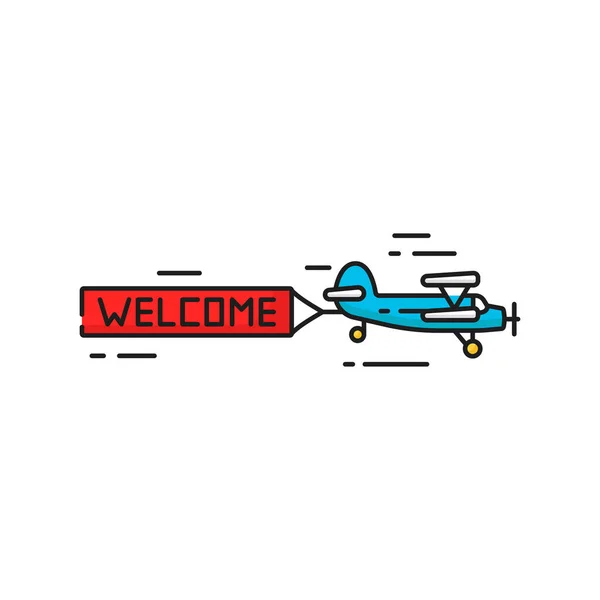 Welcome Banner Flying Aircraft Biplane Clouds Isolated Color Line Icon — Wektor stockowy