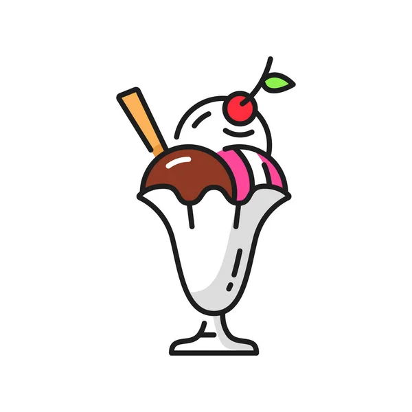 Ice Cream Dessert Glass Bowl Three Gelato Balls Topped Cherry — ストックベクタ