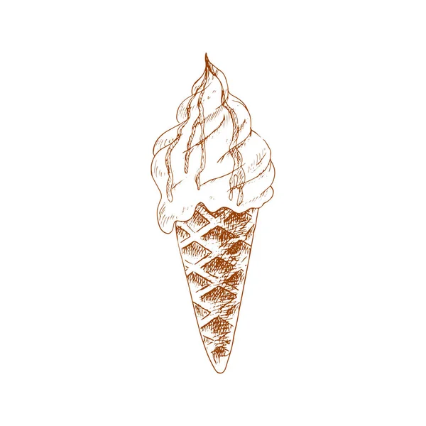 Waffle Cone Ice Cream Isolated Refreshing Summer Dessert Sketch Vector — Stockvector