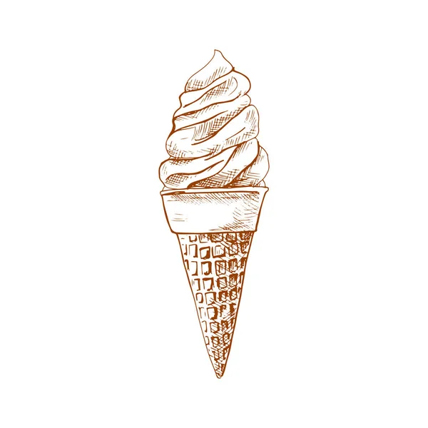 Waffle Cone Ice Cream Isolated Refreshing Summer Dessert Sketch Vector — Stock vektor