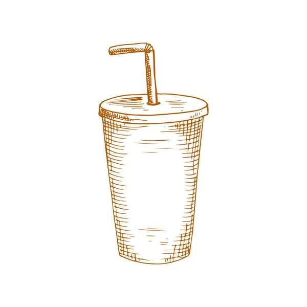 Takeaway Drink Mockup Isolated Plastic Cup Lid Straw Sketch Vector — Stockvektor