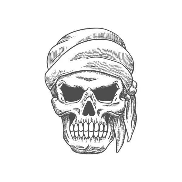 Pirate Skull Bandana Isolated Human Skeleton Head Sketch Vector Seafarer — Vettoriale Stock