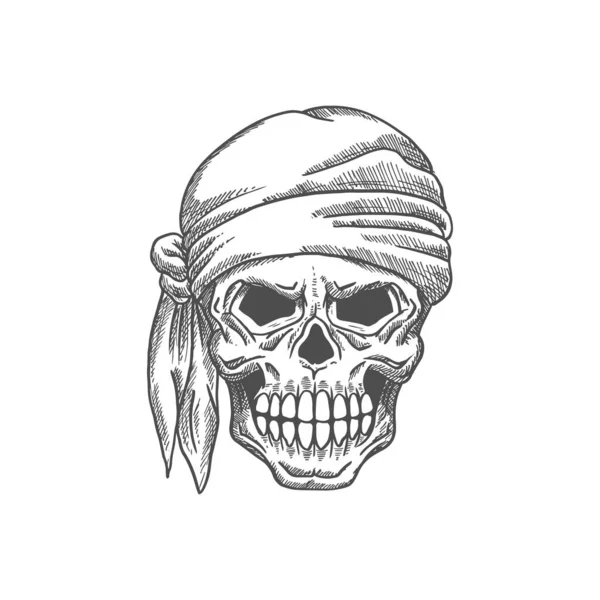 Pirate Skull Bandana Isolated Human Skeleton Head Sketch Vector Seafarer — Stock Vector