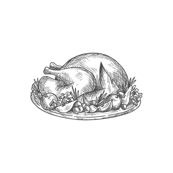 Cooked Plated Turkey Garnish Isolated Sketch Vector Hand Drawn Plate — ストックベクタ