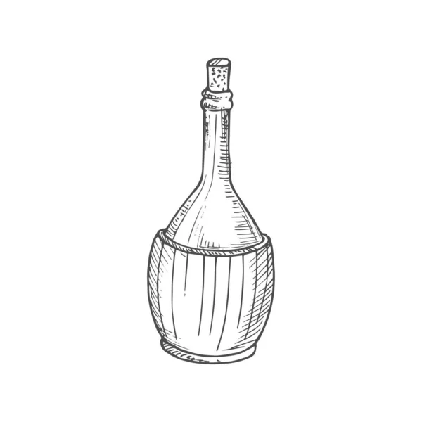 Wine Champagne Bottle Retro Wooden Holder Isolated Sketch Vector Alcohol — Stock vektor