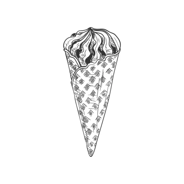 Vanilla Ice Cream Chocolate Topping Isolated Gelato Wafer Cone Sketch — Stock Vector