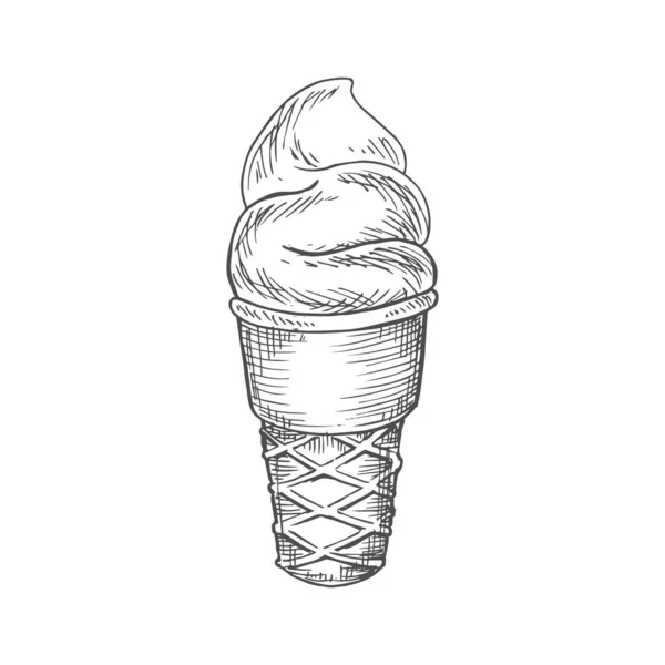 Ice Cream Waffle Cone Swirl Isolated Sketch Vector Sundae Refreshing — Archivo Imágenes Vectoriales