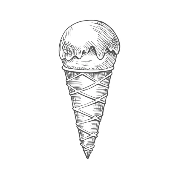 Ice Cream Waffle Cone Isolated Monochrome Sketch Vector Icecream Ice —  Vetores de Stock