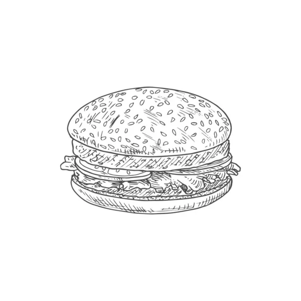 Sandwich Burger Bun Cheese Vegetables Meat Isolated Sketch Vector Hamburger — Vettoriale Stock