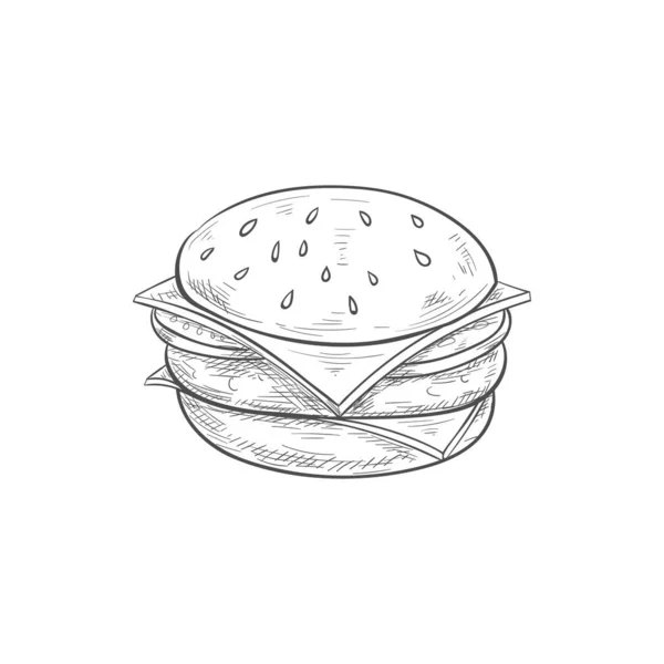 Fastfood Cheeseburger Veggies Chop Isolated Monochrome Sketch Vector Burger Bun — Stock Vector