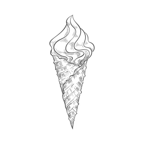 Ice Cream Waffle Cone Swirl Isolated Sketch Vector Sundae Refreshing — Stock vektor