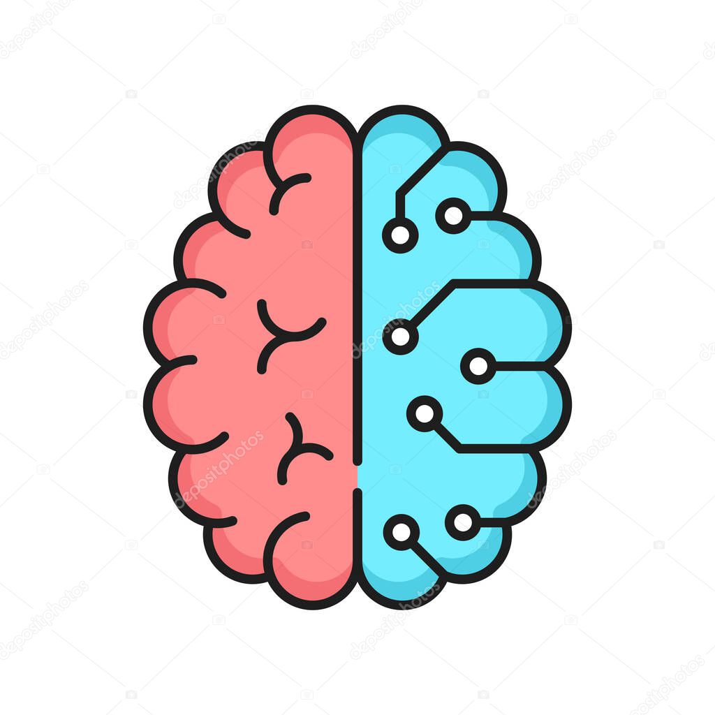 Artificial intelligence, digital technology outline icon with human brain and computer circuit. Data cloud storage, neural or cybernetic science and robot learning thin line vector symbol or pictogram