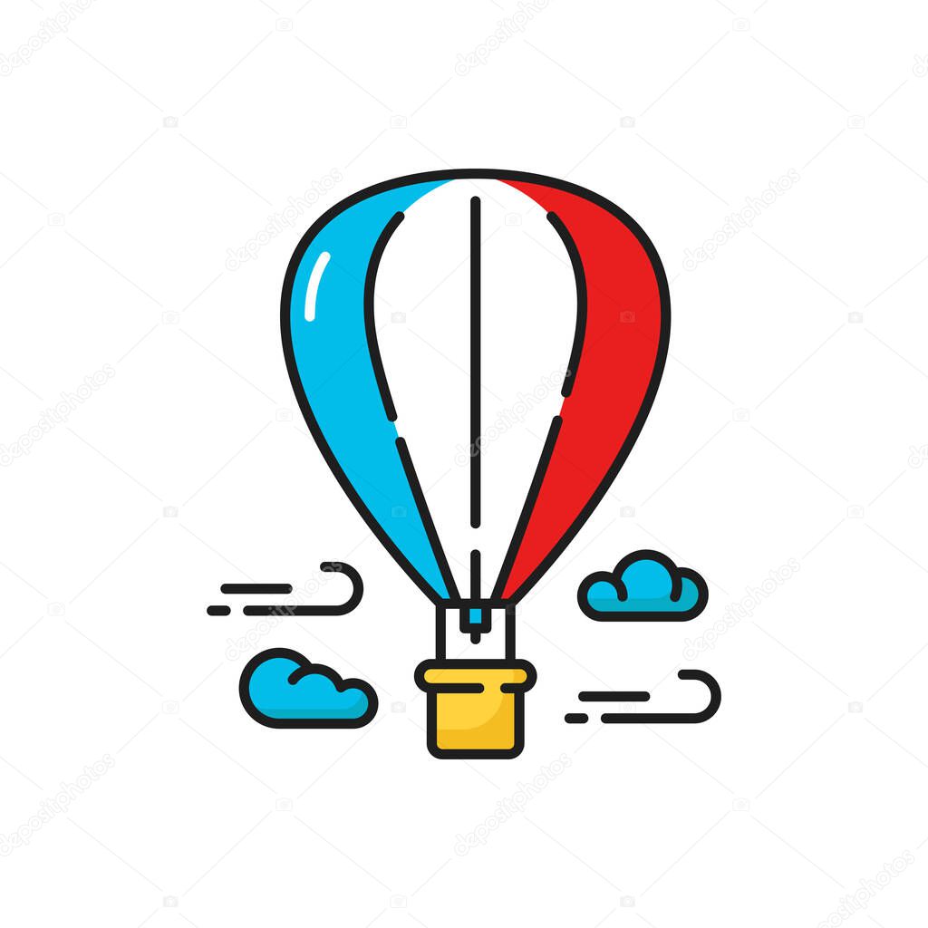 Flight on hot air balloon in sky, amusement park attraction color line icon. Vector playground funfair entertainment, flights on air balloon, blue clouds. Sky with aerostate, leisure sport activity