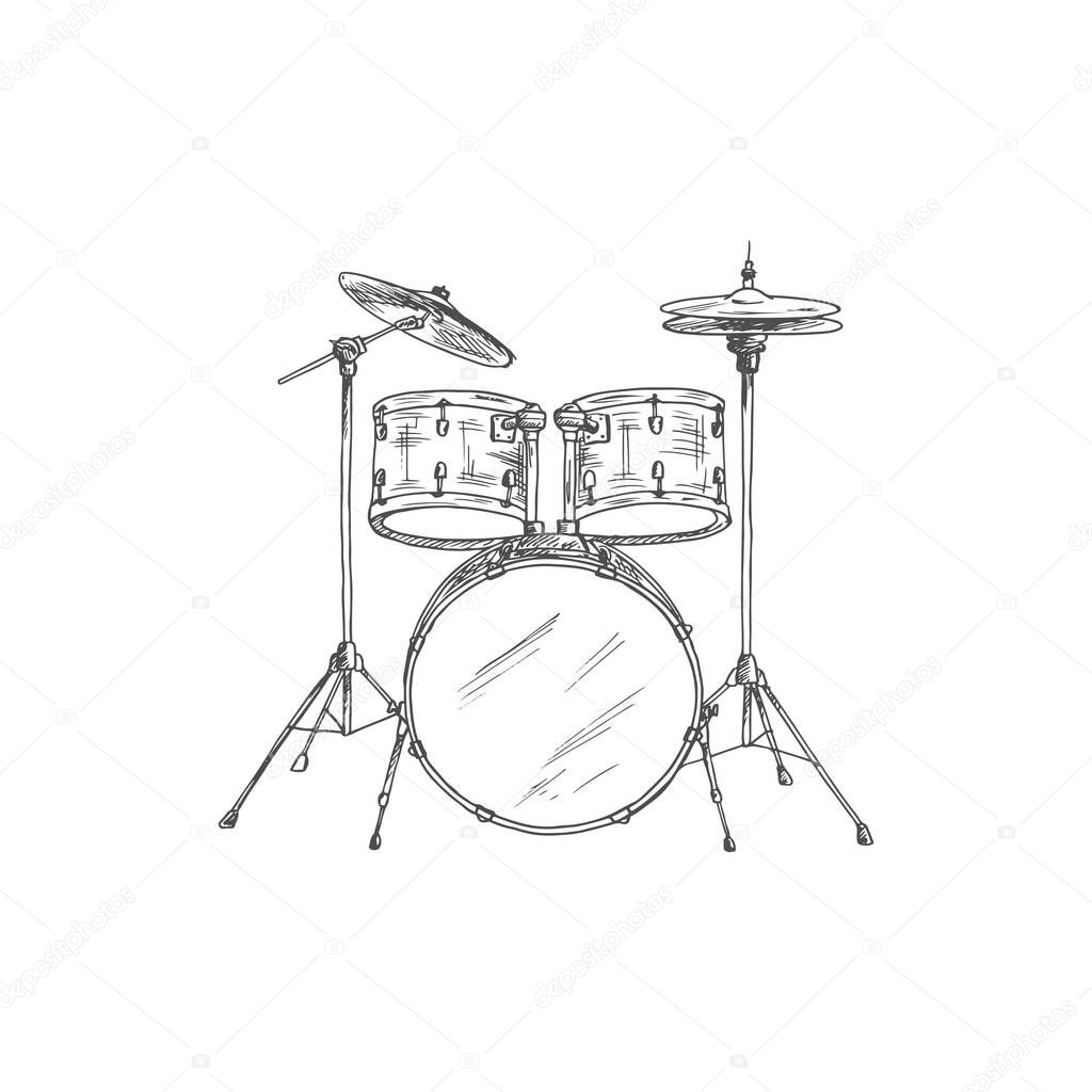Drum set isolated musical instrument sketch. Vector trap and kit, cymbals and bass, drumming equipment