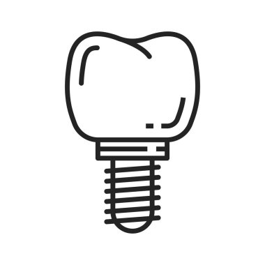 Dental implant isolated dentistry icon. Vector tooth prosthesis, replacement and implantation of teeth in denture line art icon. Orthodontic surgery technology, healthy implanted tooth on screw
