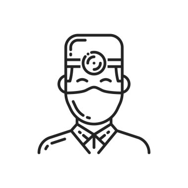 Male doctor with head mirror isolated outline icon. Vector dentist, medical physician or surgeon avatar, pediatrician emblem. Medic scientist, general doctor healthcare hospital worker, line art