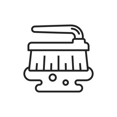 Cleaning brush vector line icon. House washing brush with soap foam in flat outline