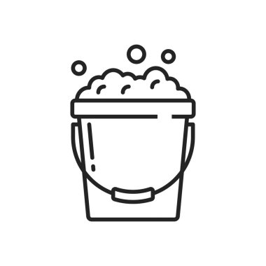 Water bucket with soap foam vector thin line icon. House cleaning and laundry wash outline