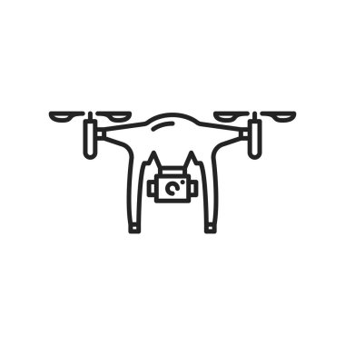 Remote control air drone isolated outline icon. Vector flying drone with action camera and twirled propellers, quadcopter or copter linear monochrome sign. Aircraft robot plane, line art