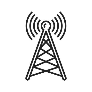 Radio tower or mast with broadcast transmission waves isolated outline icon. Vector antenna, transmitter monochrome linear sign. Telecommunication or telephone signal broadcasting, line art