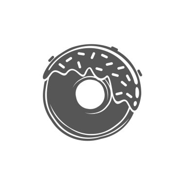 Doughnut with topping and caramel sprinkles isolated monochrome icon. Vector fastfood snack, pastry food in black and white. Iced glazed donut with topping, strawberry or chocolate dessert