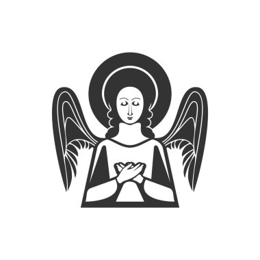 Woman with wings isolated holy angel. Vector praying religious female with halo aureole over head