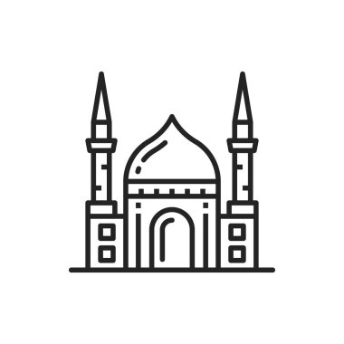 Muslim mosque with dome, minaret, islam religion building symbol of faith isolated outline icon. Vector sultan palace, landmark in Emirates. Islamic,Turkish or Morocco architecture building line art