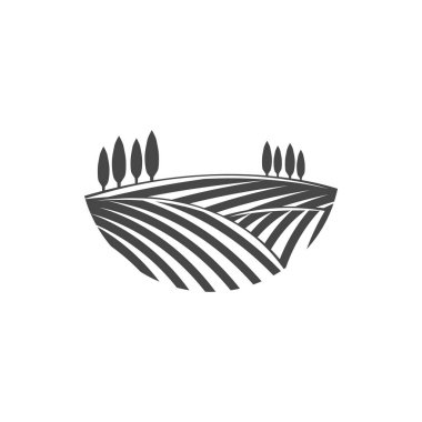 Plantations of tea in China, mountain landscape with trees isolated monochrome icon. Vector plantation fields, cascade valley landscape with mount scenery. Meadows with mountains, terraced agriculture