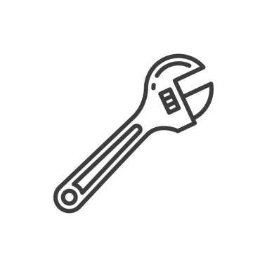 Crescent adjustable wrench isolated outline icon. Vector conventional fixed metal spanner linear sign, spanner open-end wrench with movable jaw. Adjustable-wrench plumber tool plumbing hand instrument