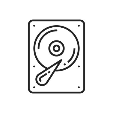Hard disk isolated outline simple line icon. Vector internal memory drive, harddrive server storage. Terabyte disk with data, computer hdd harddisk. External winchester, portable hardware equipment