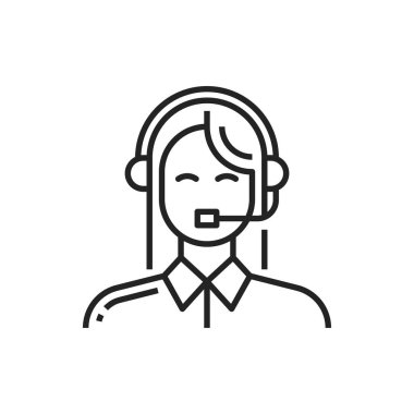 Customer service isolated user with headphone outline icon. Vector online consultant, call center worker or person on internet conference. Customer support help, consulting management, woman speaker