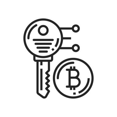 Cyber security or private key isolated monochrome icon. Vector key with bitcoin coin sign, cryptocurrency protection concept. Security and safety sign, investment and wise financial strategy