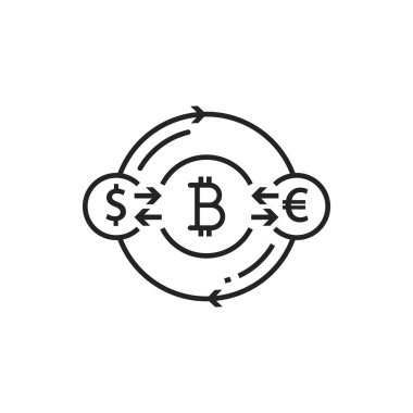 Main world currencies exchange sign isolated dollar, euro and bitcoin circulation with arrows outline icon. Vector investment finance and banking, payments transfer, transactions, earnings and income