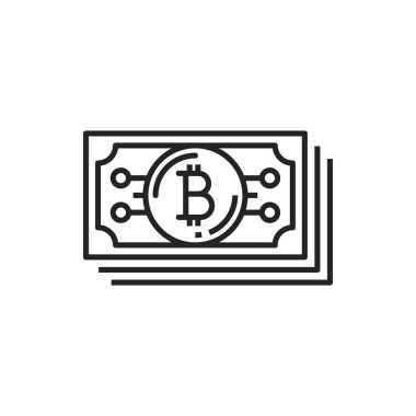 Bitcoin paper money banknotes with digital currency sign isolated outline icon. Vector cryptocurrency sign, cheque or voucher , e-commerce currency digital money payment sign, line art banknote