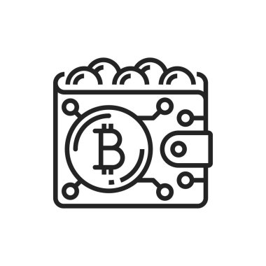 Bitcoin wallet and blockchain isolated cryptocurrency digital money outline icon. Vector payment by virtual coins, electronic trade and internet transactions exchange. Purse storage of crypto currency